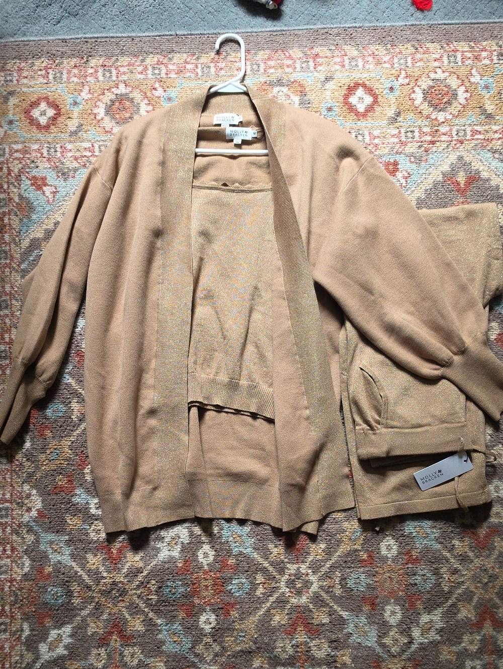 Molly Bracken Women's Golden Beige Knit Cardigan, Top And Pants Set M 1